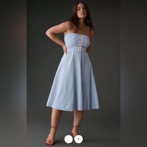 Anthropologie Maeve Strapless Circle Skirt Blue Striped Dress Sz Large